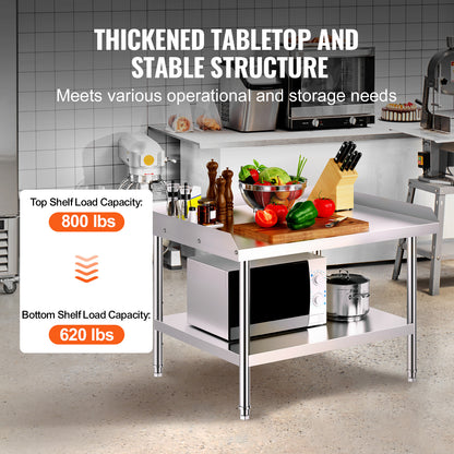 Werktafel – Werkbank – Opbergtafel – Preparatietafel – Roestvrij Staal – 3-zijdige Opstaande Rand – Verstelbare Legplanken