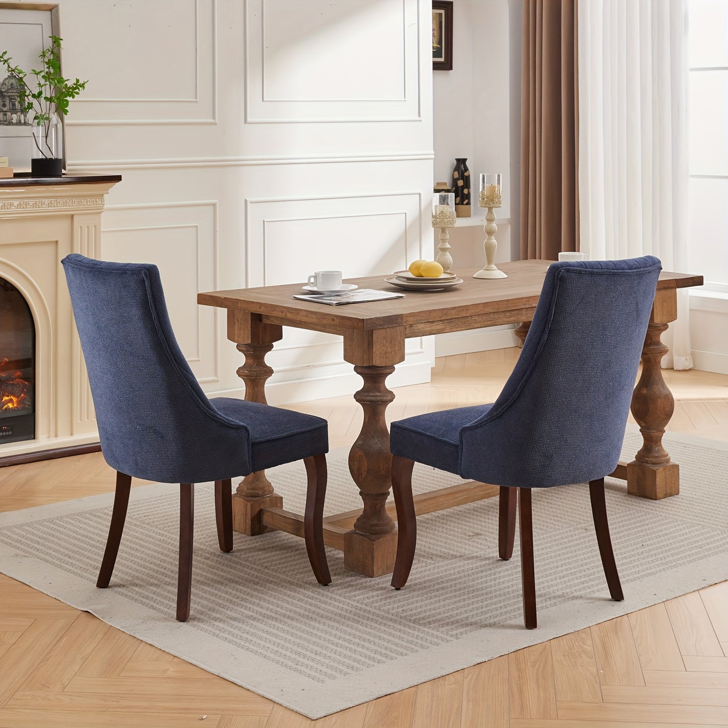 Rayon Fabric Flocked Linen Dining Chairs, Passageway Kitchen Dining Chairs, Comfortable Fabric Upholstered Dining Chairs with Curved Solid Wood Legs, Set of 2 (Blue), Dining Room Table And Chair Set, Dining Table Chair, Dinin