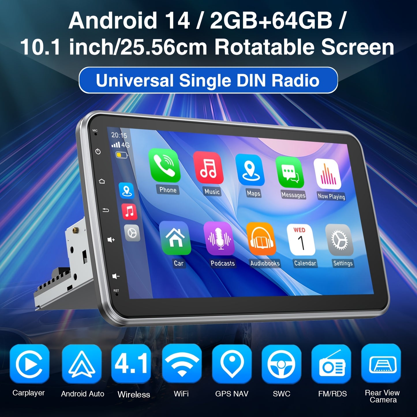 ESSGOO Single DIN Android Car Stereo, 25.65 cm Rotatable Touch Screen, Wireless Android Auto & Carplayer, WiFi/BT/FM/USB, Support Mirror Link & Steering Wheel Control, with Microphone AHD Camera, 1+32GB/2+32GB/2+64GB/4+64GB M
