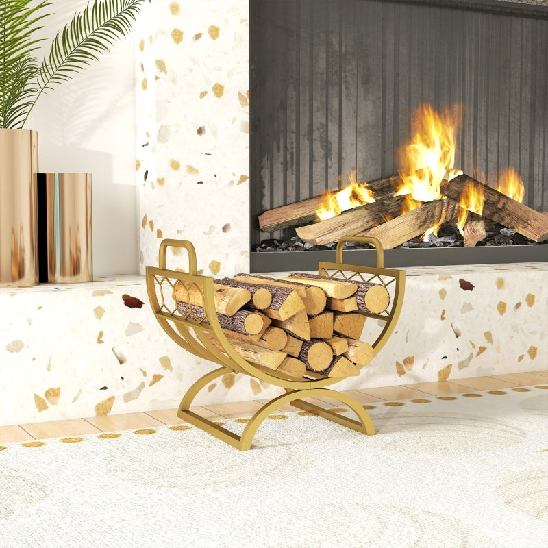 Houthouder – Houtrek – Haardhoutopslag – Houtmand – Houtkorf – Gouden Kleur – 46x36x41 cm – Metalen Poedercoating