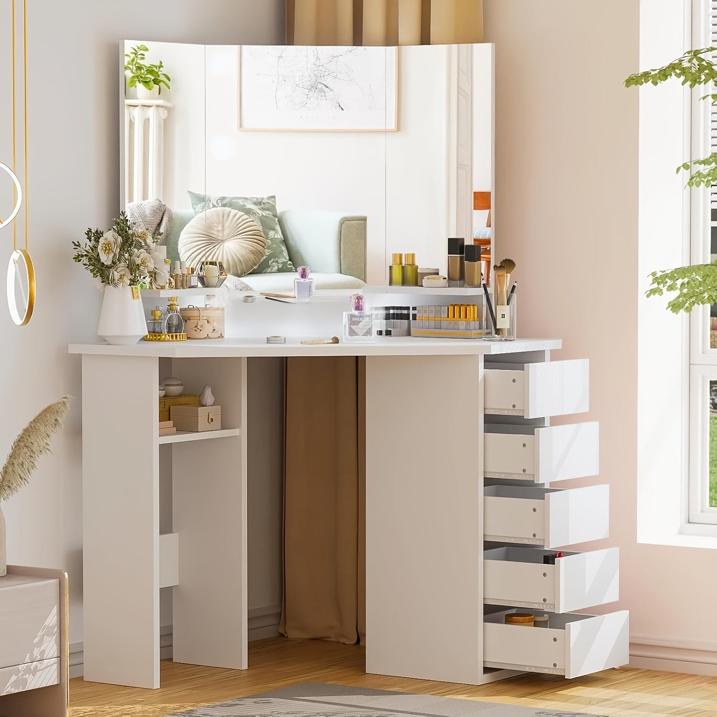 Toilettafel – Kaptafel – Make-uptafel – Opmaaktafel – Hoekkaptafel – Drievoudige Spiegel – Vijf Laden & Twee Open Vakken – Modern Design 112x50x142,5 cm