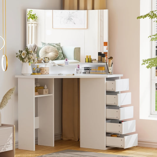 Toilettafel – Kaptafel – Make-uptafel – Opmaaktafel – Hoekkaptafel – Drievoudige Spiegel – Vijf Laden & Twee Open Vakken – Modern Design 112x50x142,5 cm
