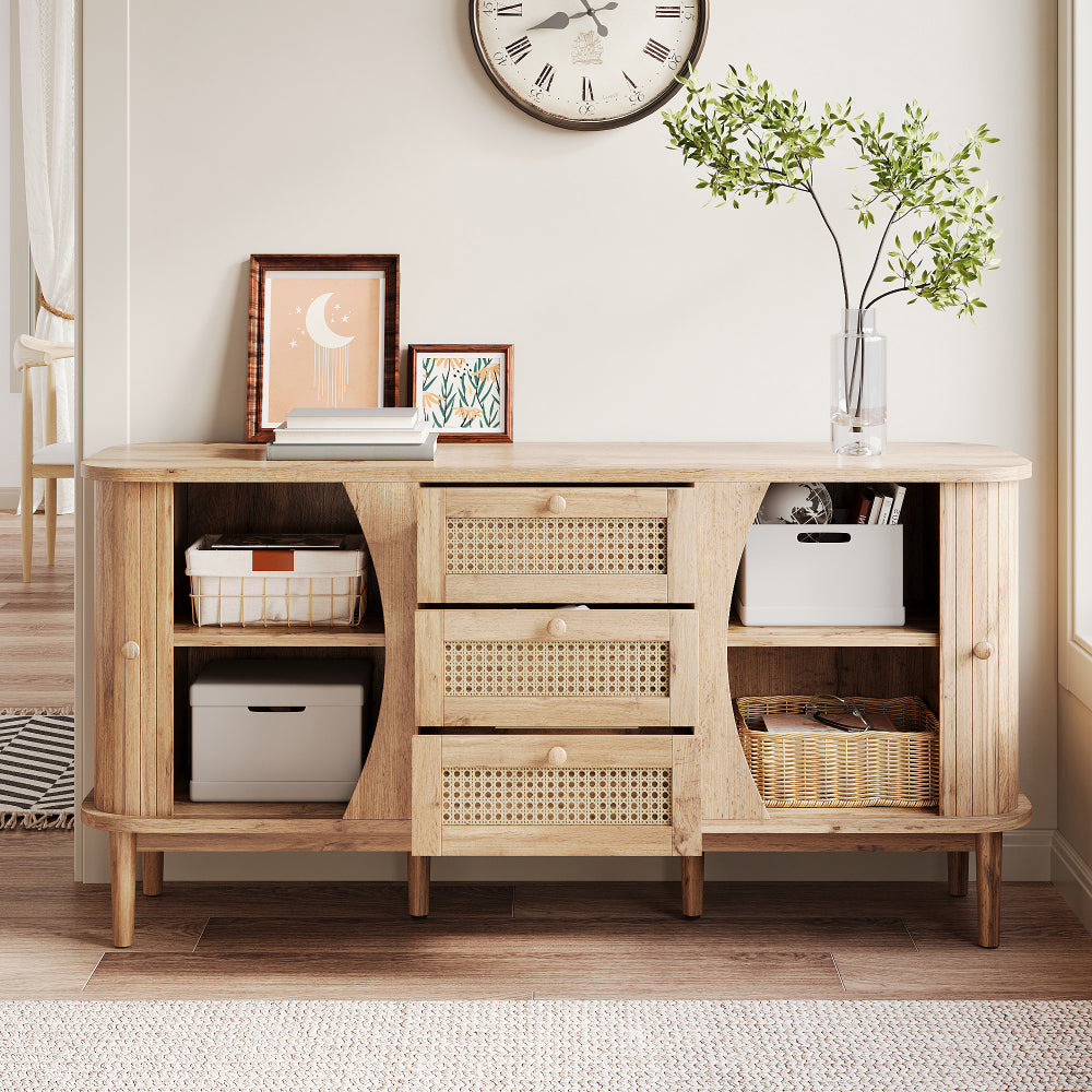 Modern Farmhouse Sideboard Cabinet with Sliding Doors - Natural Beige & Brown Storage Furniture, Adjustable Shelves, Entryway, Living Room, Dining Room Organizer - Easy Assembly Required, Entryway Furniture, Contemporary Desi