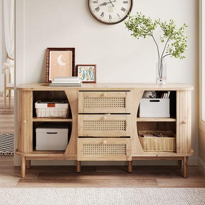 Modern Farmhouse Sideboard Cabinet with Sliding Doors - Natural Beige & Brown Storage Furniture, Adjustable Shelves, Entryway, Living Room, Dining Room Organizer - Easy Assembly Required, Entryway Furniture, Contemporary Desi