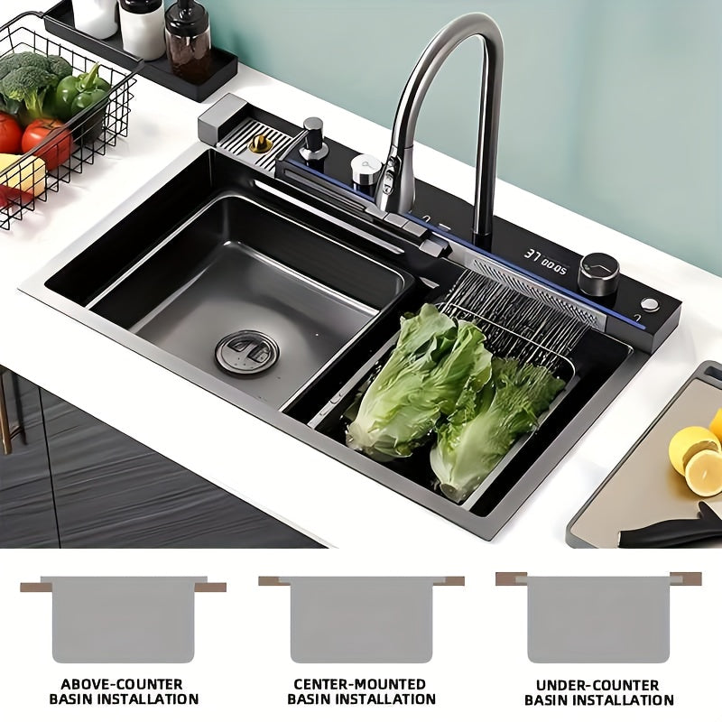 Digitale Watervalspoelbak – Keukenspoelbak – Enkelkomspoelbak – Roestvrijstalen Spoelbak – Moderne Spoelbak – 75x45 cm – Grijs Roestvrijstaal – Digitaal Display