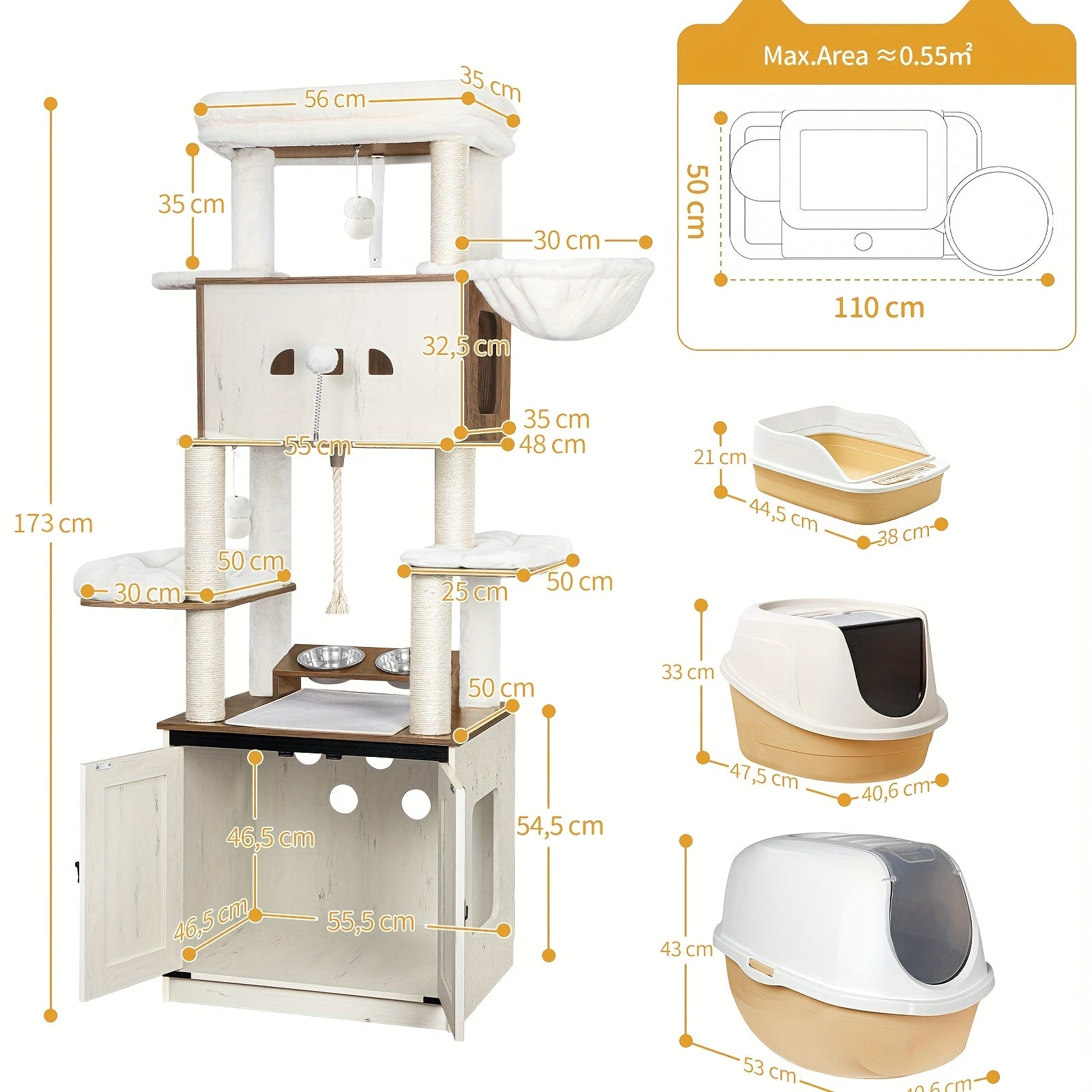 All-in-One Multi-Level Cat Tree Tower with Litter Box & Food Station - 173cm Tall Cat Furniture for Large Breeds, Spacious Platforms, Sisal Scratching Posts, Hammock, Removable Washable Cushions & Plush Balls - Compatible wit - QUORE