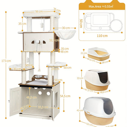 All-in-One Multi-Level Cat Tree Tower with Litter Box & Food Station - 173cm Tall Cat Furniture for Large Breeds, Spacious Platforms, Sisal Scratching Posts, Hammock, Removable Washable Cushions & Plush Balls - Compatible wit - QUORE