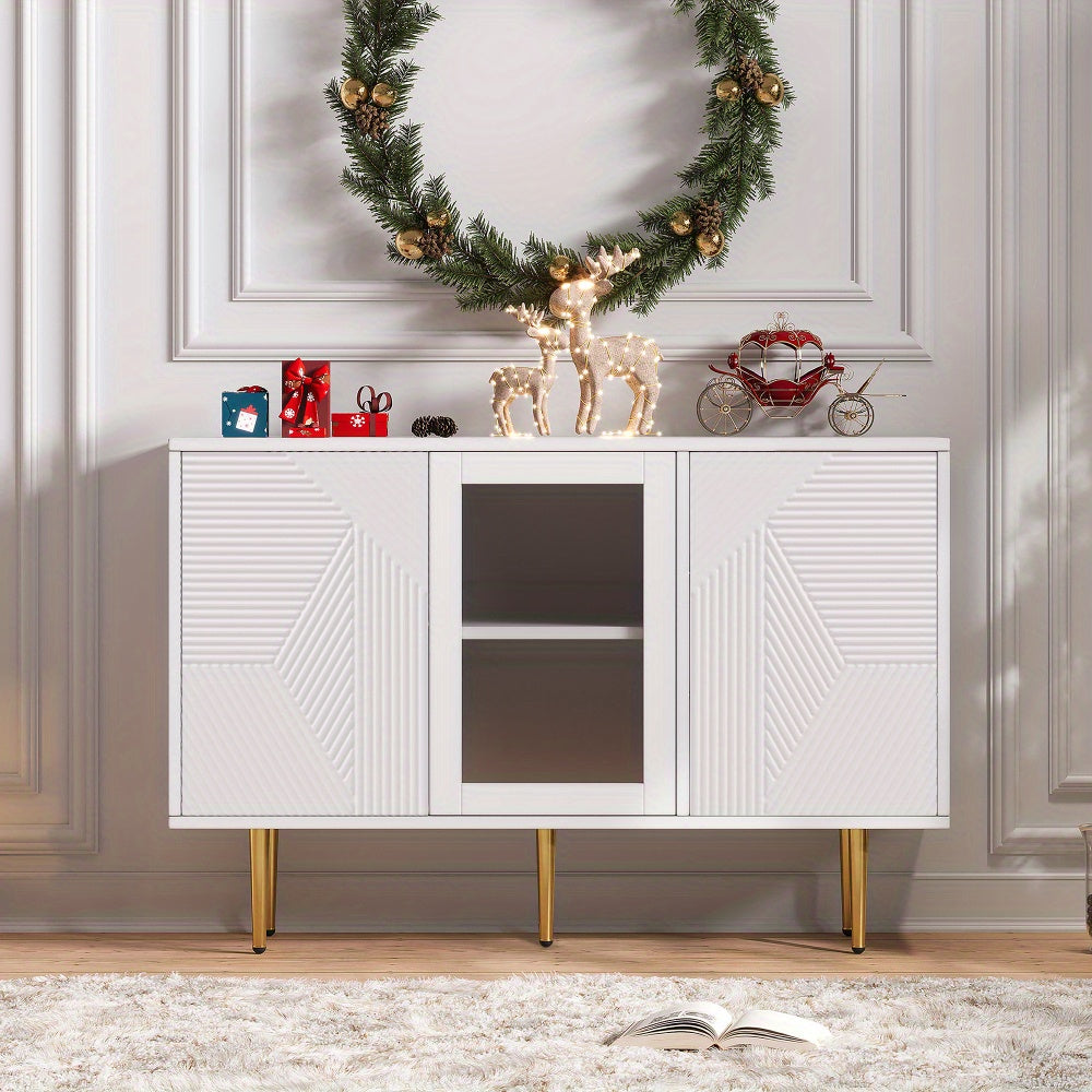 Dressoir – Sideboard – Opbergkast – Kast – Buffetkast – Modern – Glazen Deuren – Wit Met Gouden Pootjes