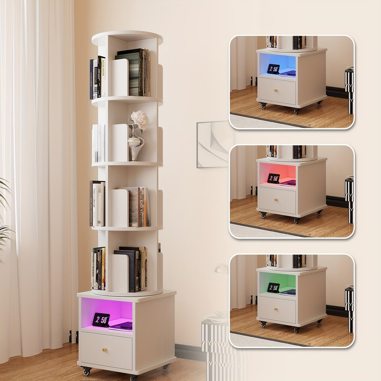 Draaibare Boekenkast – Boekplank – Boekenrek – Opbergkast – Boekhouder – 4 Planken Met Lade – 360° Draaibaar En Robuust Hout