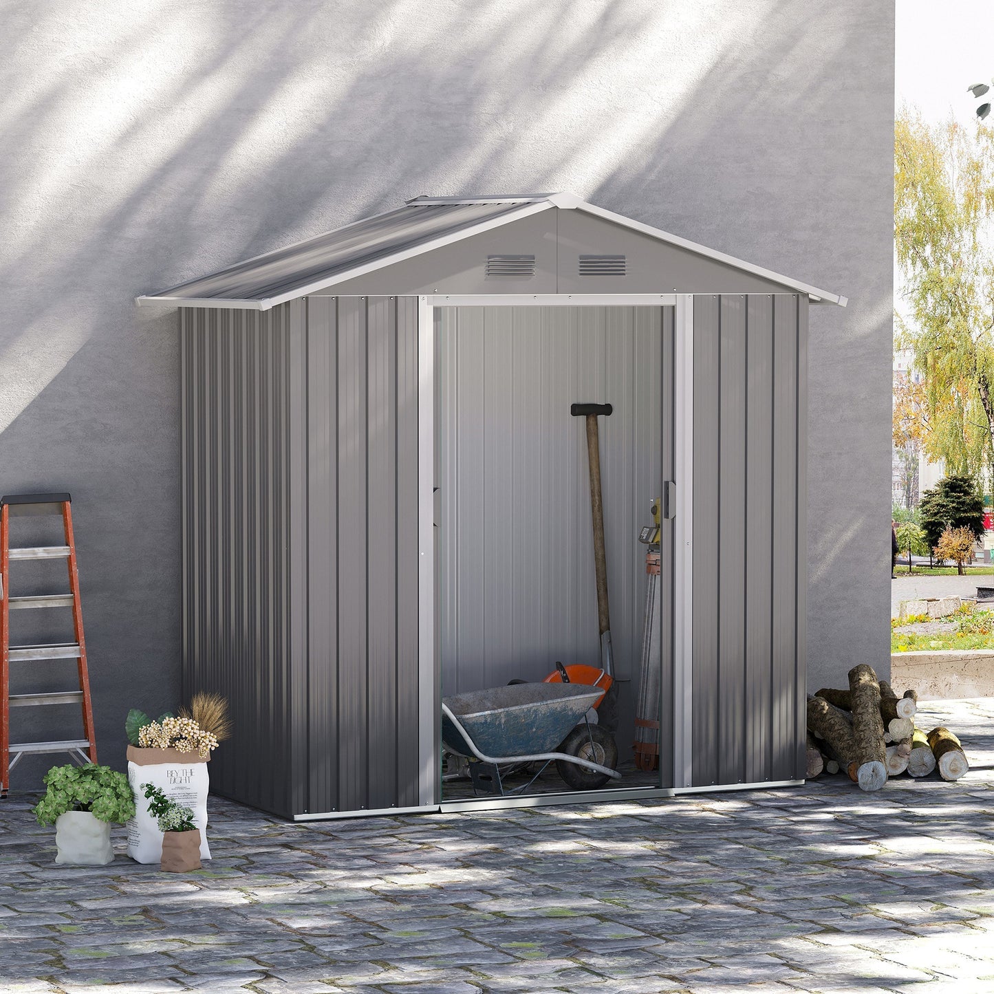 Tuinhuis – Tuinberging – Tuinschuur – Opslagkast – Tuinkast – Lichtgroen – Schuifdeuren – Gegalvaniseerd Staal – Ventilatieopeningen – 4,9 m²