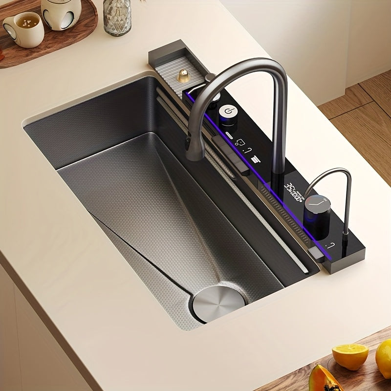 Keukenfontein – Spoelbak – Binnenfontein – Werkbladfontein – Undermount Spoelbak – Zwart Matzwart – RVS Duurzaam – Compact 29,5x17,7 cm – Inclusief Watervalkraan & Uittrekbare Sproeikop