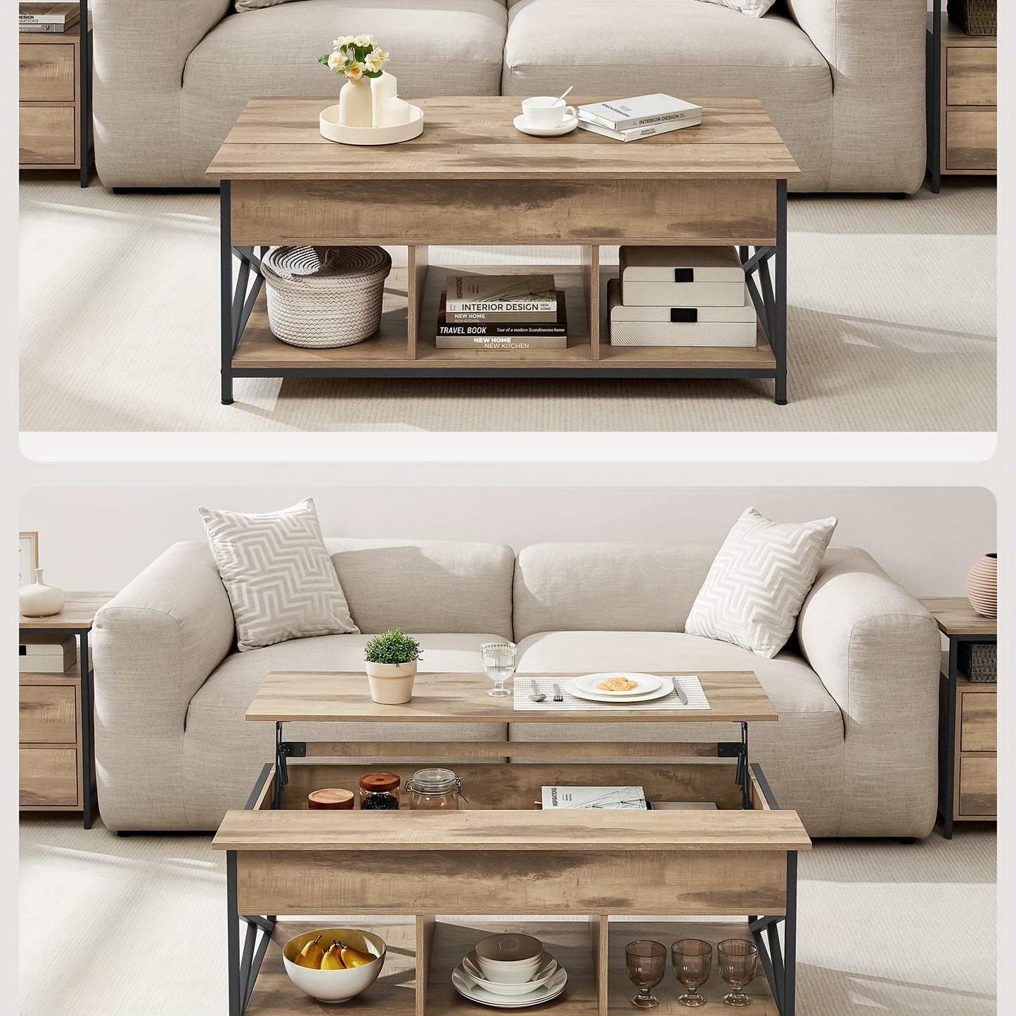 Salontafel – Koffietafel – Tafel – Lounge Tafel – Bijzettafel – Verstelbaar Lift-Top Blad – Opbergvak Met X-Vormige Poten – Donkerbruin Kunsthout – 60x120x48-62 cm