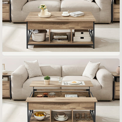 Salontafel – Koffietafel – Tafel – Lounge Tafel – Bijzettafel – Verstelbaar Lift-Top Blad – Opbergvak Met X-Vormige Poten – Donkerbruin Kunsthout – 60x120x48-62 cm