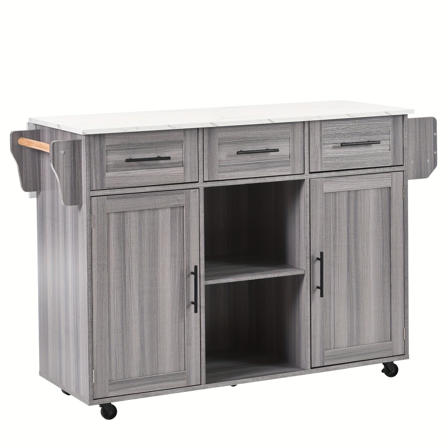 White Modern Foldable Mobile Serving Cart with Storage Doors & Lockable Tabletop - Heavy-Duty Expandable Sideboard on Casters, Non-Wood Cabinet /Dining Room, Space-Saving Furniture (139x46(71)x91.5cm) - Replaceable Feet
