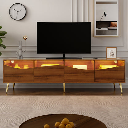 Tv-kast – Tv-meubel – Mediameubel – Displaykast – Lage Kast – Natuurlijke Kleur – Gouden Metalen Basis – Glazen Deuren – 180x40x50 cm – Modern Design
