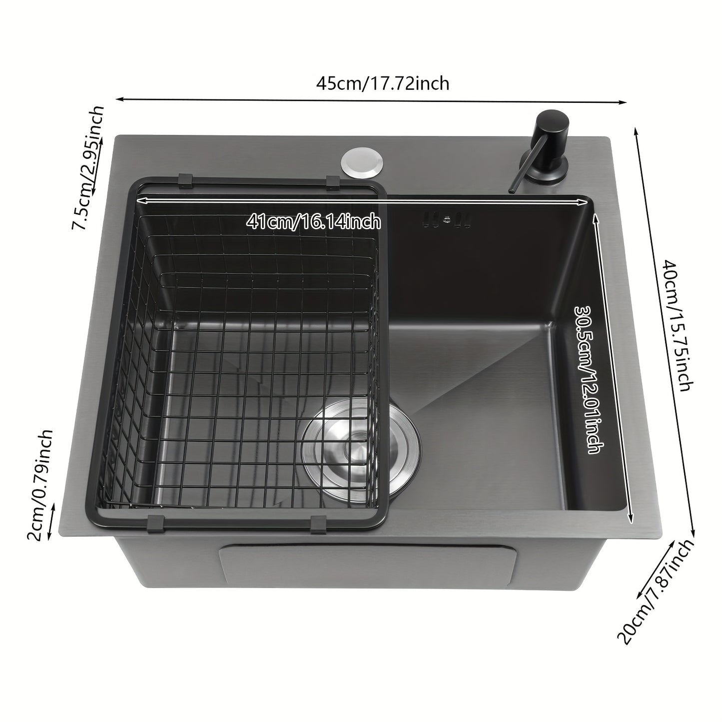 Enkele Spoelbak – Keukenspoelbak – Wastafel – Inbouwspoelbak – Zwarte Spoelbak – Roestvrij Staal 201 – Nano-Coating & X-vormige Waterafvoer – Ingebouwde Zeepdispenser 150ml