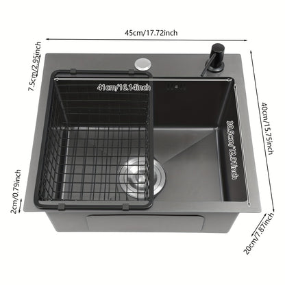Enkele Spoelbak – Keukenspoelbak – Wastafel – Inbouwspoelbak – Zwarte Spoelbak – Roestvrij Staal 201 – Nano-Coating & X-vormige Waterafvoer – Ingebouwde Zeepdispenser 150ml