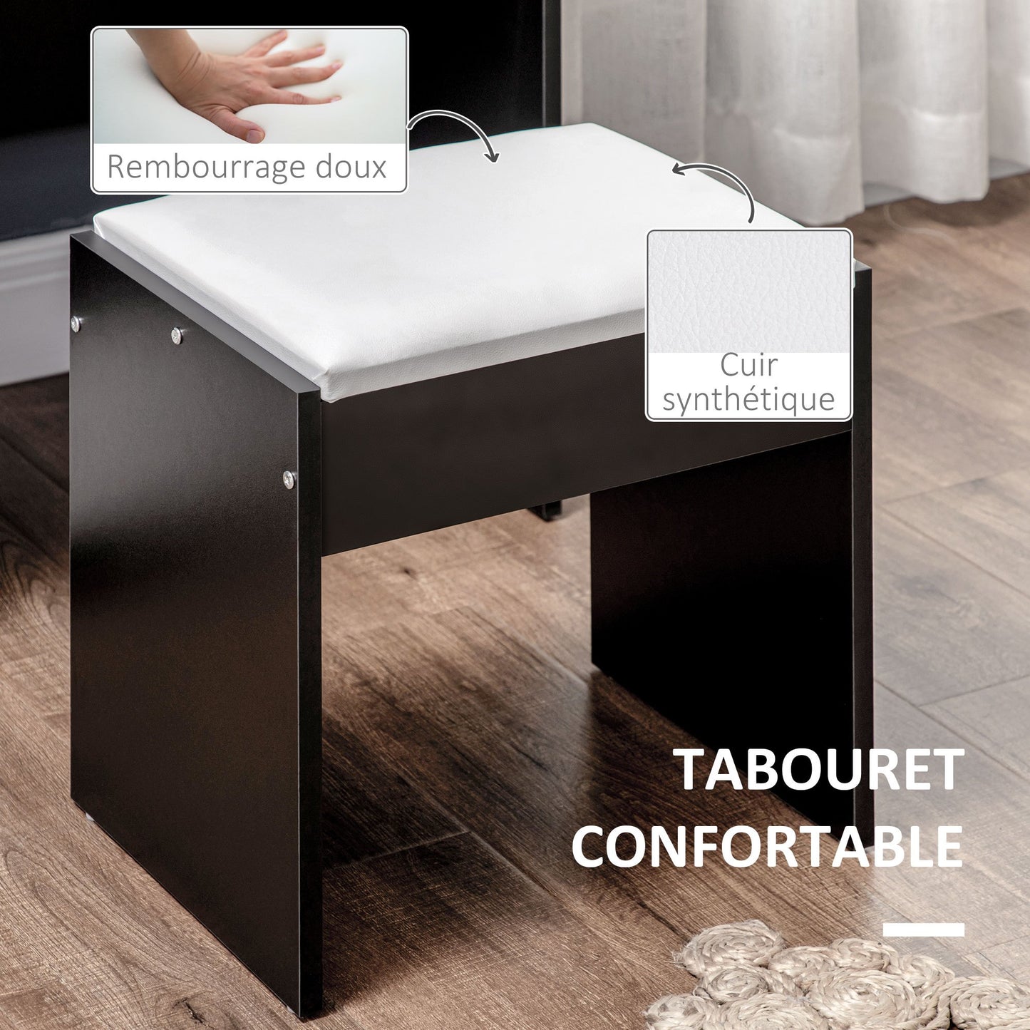 Make-up tafel – Kaptafel – Visagie tafel – Make-up meubel – Schminktafel – Grote spiegel – 4 lades en meerdere planken – Comfortabele gestoffeerde kruk – Zwart wit design
