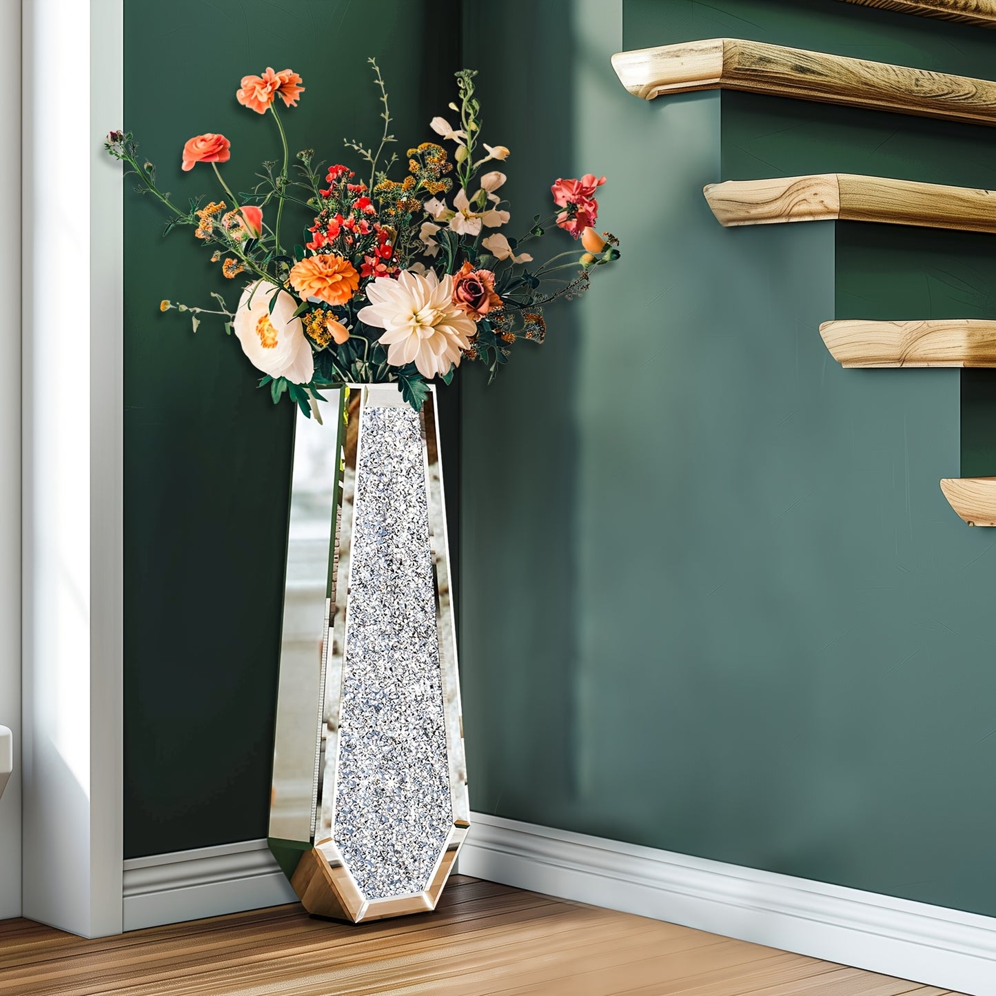 Extra Hoge Vaas – Grote Vazen – Bloemvaas – Interieurvaas – Decoratieve Vaas – Set Van 2 – Spiegelend Glas Met Crushed Diamond – 68 Cm Hoog
