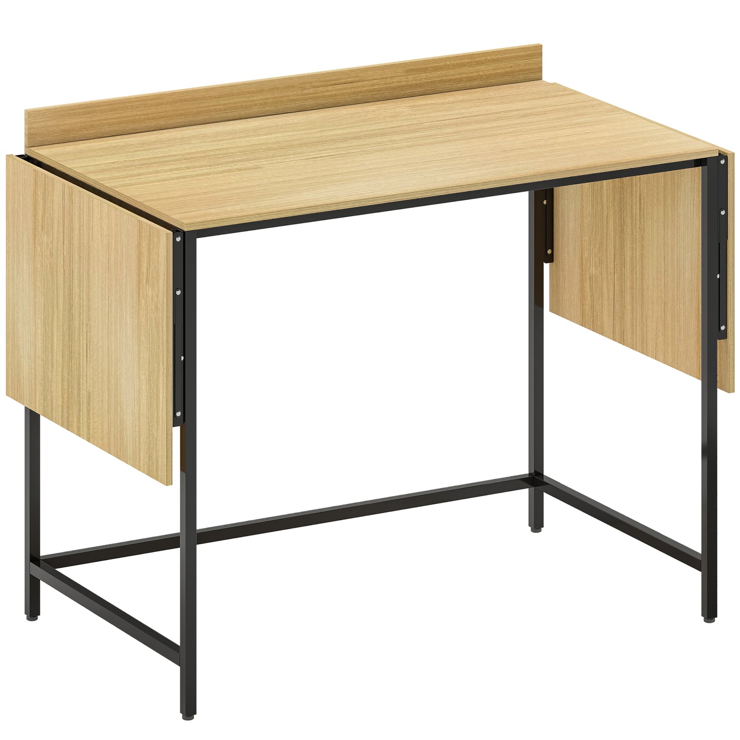Foldable Computer Desk with 2 Extendable Panels, Ample Space for Monitors, Metal Legs, Sturdy Construction, Oak+Black