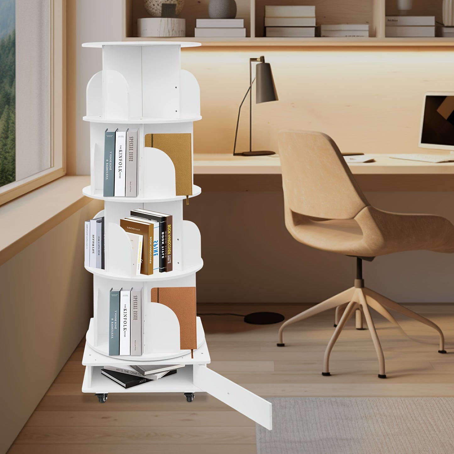 Draaibare Boekenkast – Boekenrek – Plankensysteem – Bibliotheekkast – Opberger – 4-Lagen Met 360° Zwenkwielen – Stevig Met Ruime Opbergruimte Wit