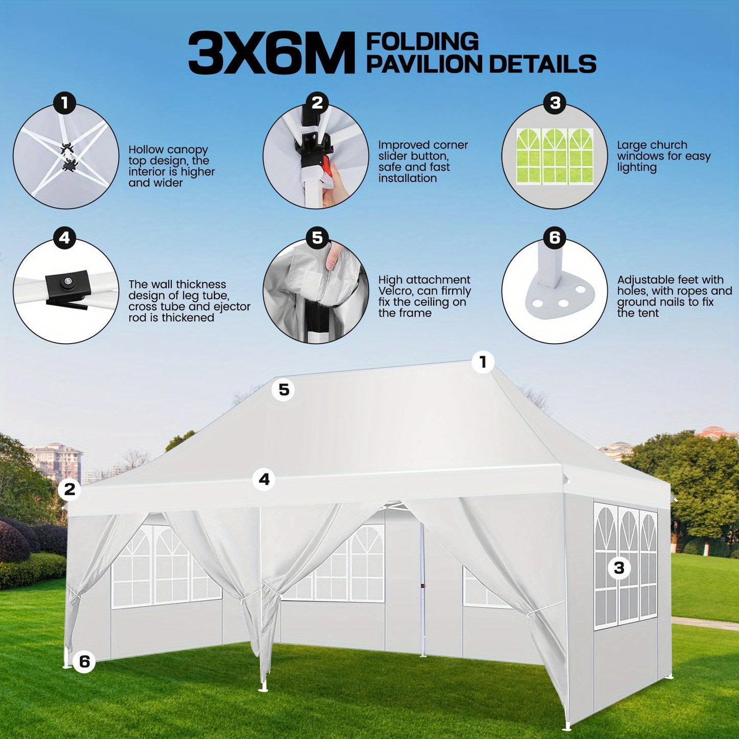 Buitenluifel – Partytent – Pop-up Tent – Tunneltent – Zonnescherm – 3x6 Meter – 4 Afneembare Zijwanden – Verstelbare Hoogtes
