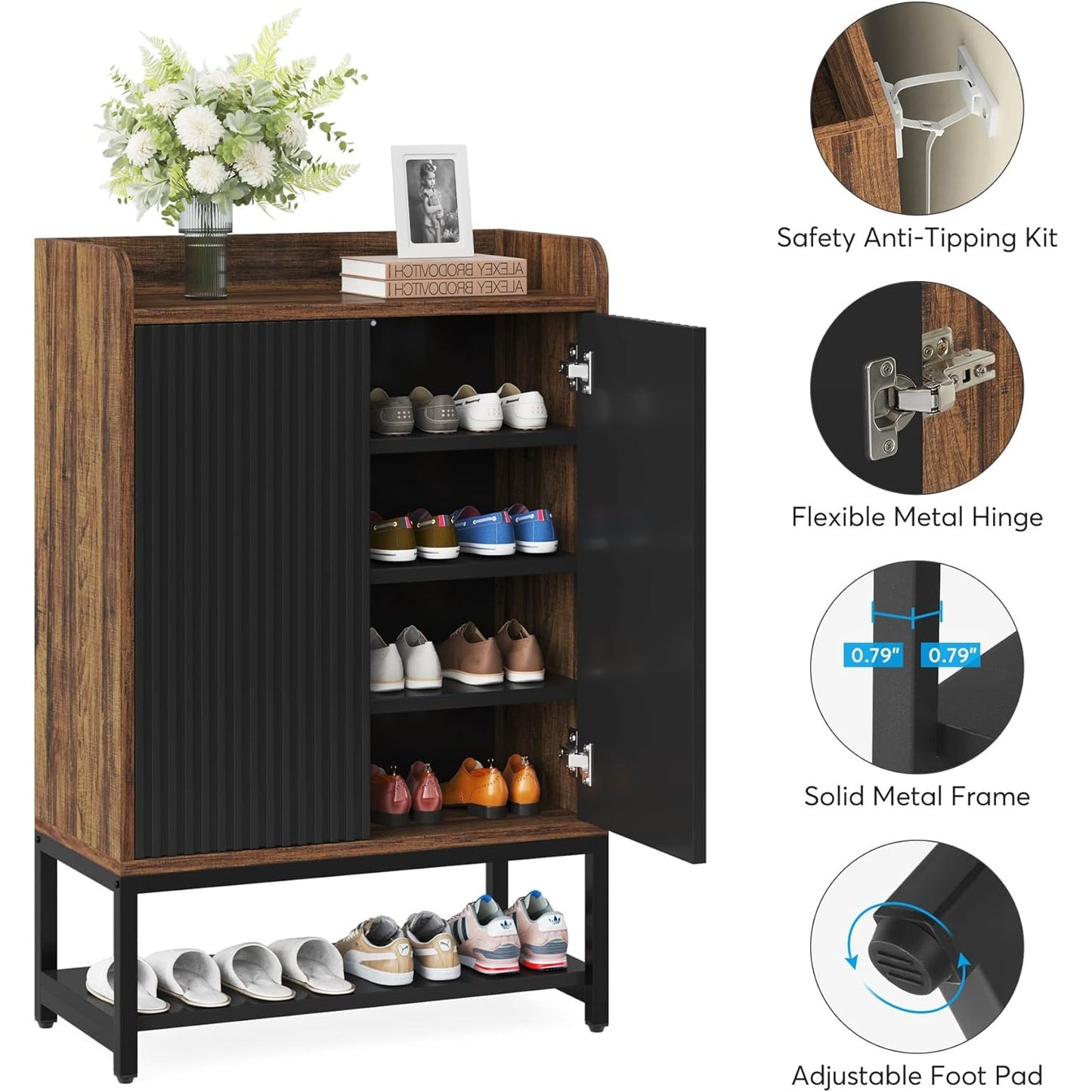 Schoenenkast – Schoenenrek – Schoenenopberger – Schoenkast – Schoenmeubel – 5-laags design – Stijlvol zwart-bruin hout en metaal – Compact en ruimtebesparend (25+ paar)