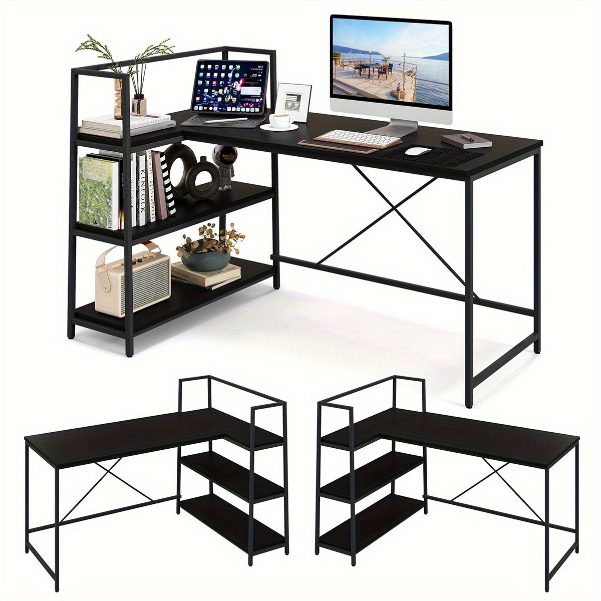 Hoekbureau – L-vormig Bureau – Computerbureau – Werkplek Meubel – Study Desk – Reversibel Ontwerp – Met 3 Open Planken – Zwart – Stevig Metaal & Houtfineer – Ruim Werkblad 122x61 cm
