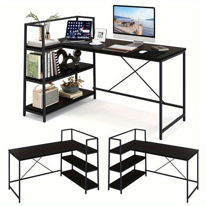 Hoekbureau – L-vormig Bureau – Computerbureau – Werkplek Meubel – Study Desk – Reversibel Ontwerp – Met 3 Open Planken – Zwart – Stevig Metaal & Houtfineer – Ruim Werkblad 122x61 cm