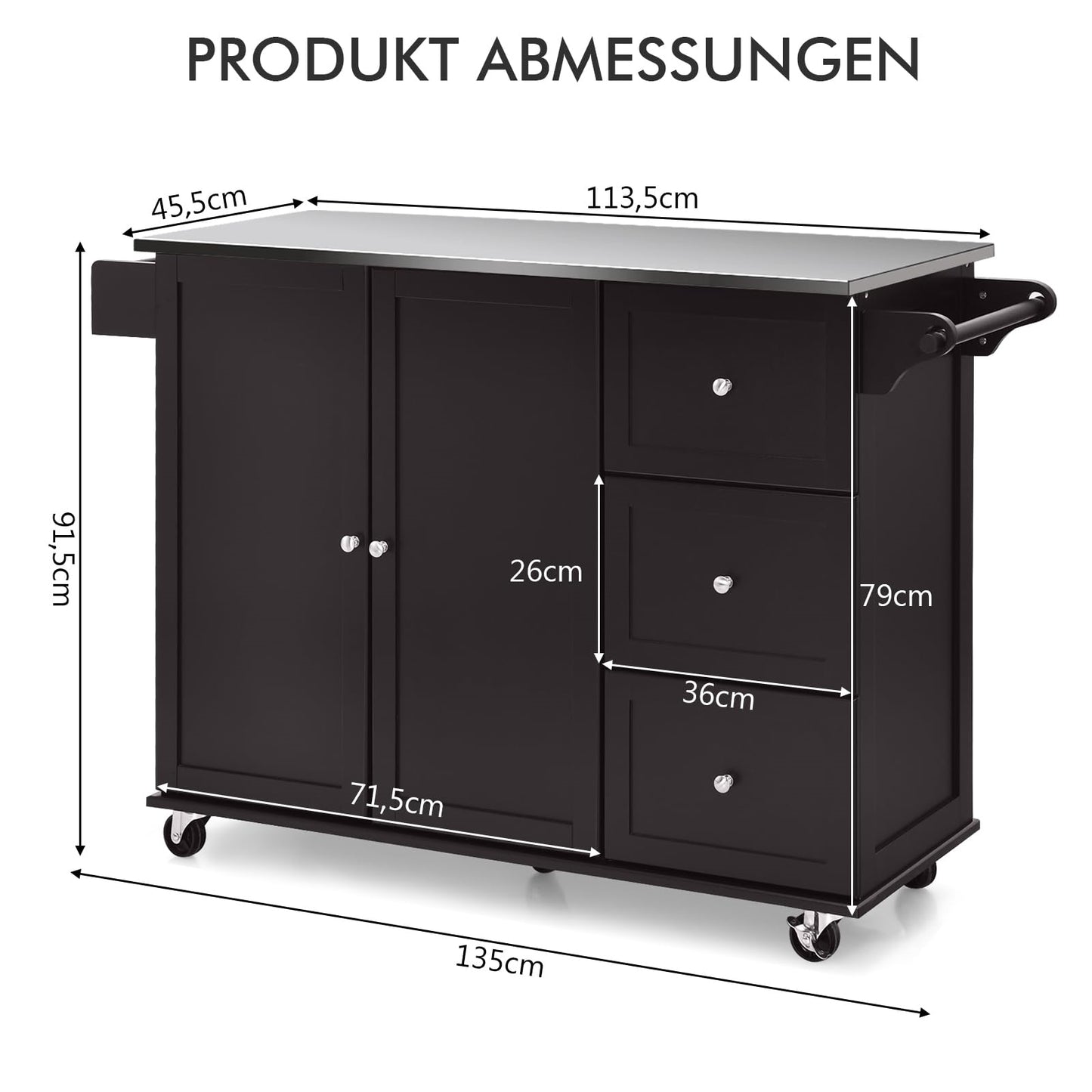 Keukenwagen – Keukentrolley – Serveerwagen – Keukenkar – Keukenmeubel – RVS Werkblad – 3 Laden Met Verstelbare Planken – Bruin