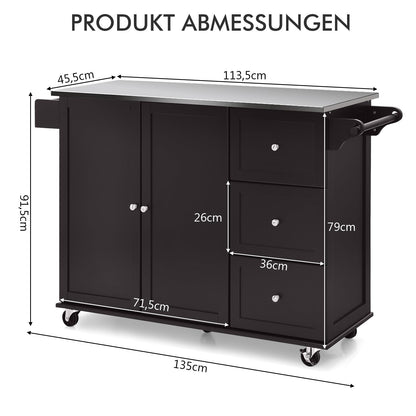 Keukenwagen – Keukentrolley – Serveerwagen – Keukenkar – Keukenmeubel – RVS Werkblad – 3 Laden Met Verstelbare Planken – Bruin