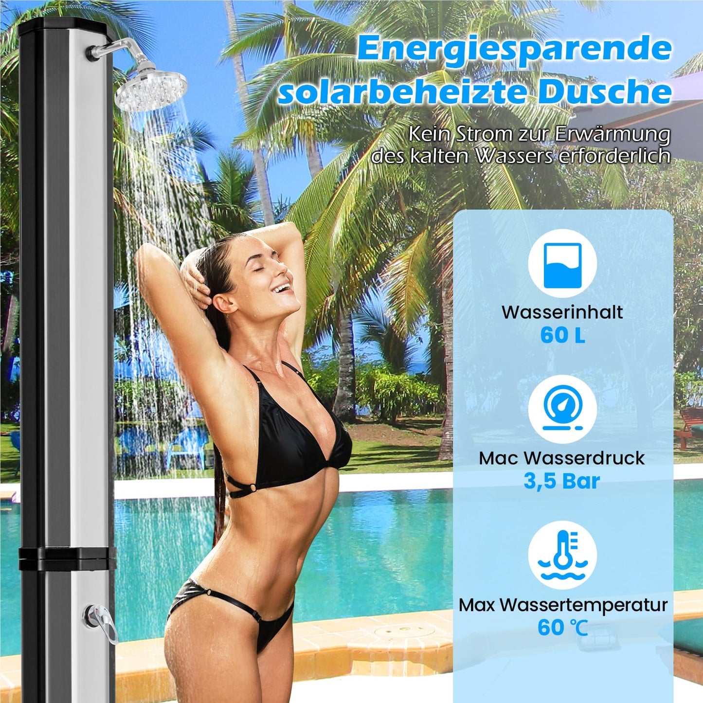 Buitendouche – Tuindouche – Zonnedouche – Zwembaddouche – Solar Douche – 60 Liter Inhoud – 360° Draaibare Douchekop – Inclusief Beschermhoes – Zwart/Zilver – Hoogte 227 cm