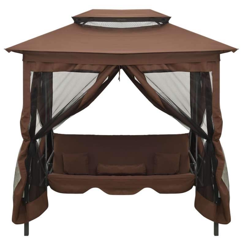 Schommelbank – Tuinschommel – Hollywoodschommel – Tuinbank – Schommelstoel – Verstelbare Luifel – Weerbestendig Stalen Frame – Inclusief 4 Comfortkussens – 220x160x240 cm – Koffiebruin