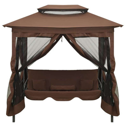 Schommelbank – Tuinschommel – Hollywoodschommel – Tuinbank – Schommelstoel – Verstelbare Luifel – Weerbestendig Stalen Frame – Inclusief 4 Comfortkussens – 220x160x240 cm – Koffiebruin