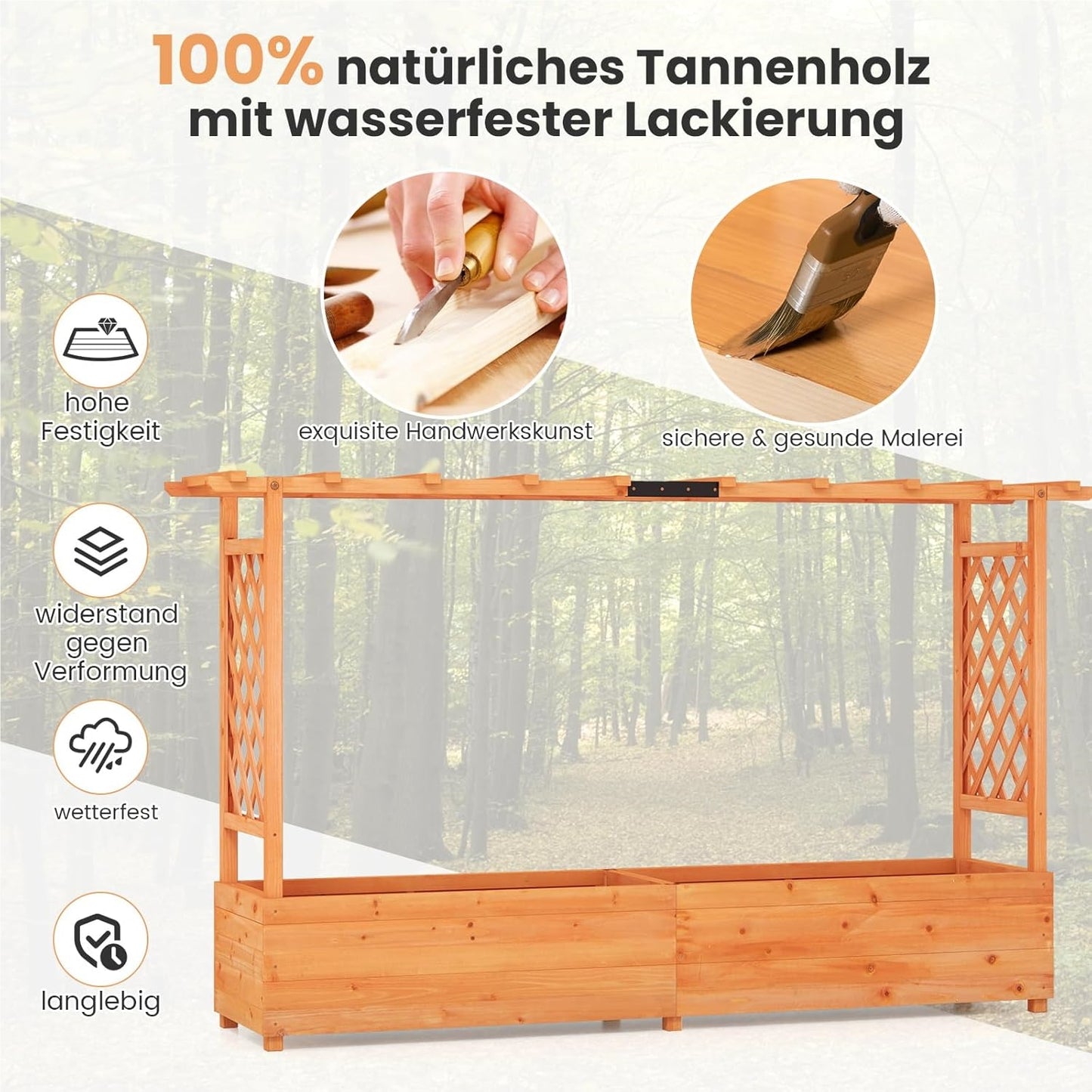 Houten Plantenbak – Verhoogde Bak – Klimrek – Bloembak – Plantenbak Met Dak – Groot Plantvak 200x44x114 cm – Weerbestendig Grenenhout