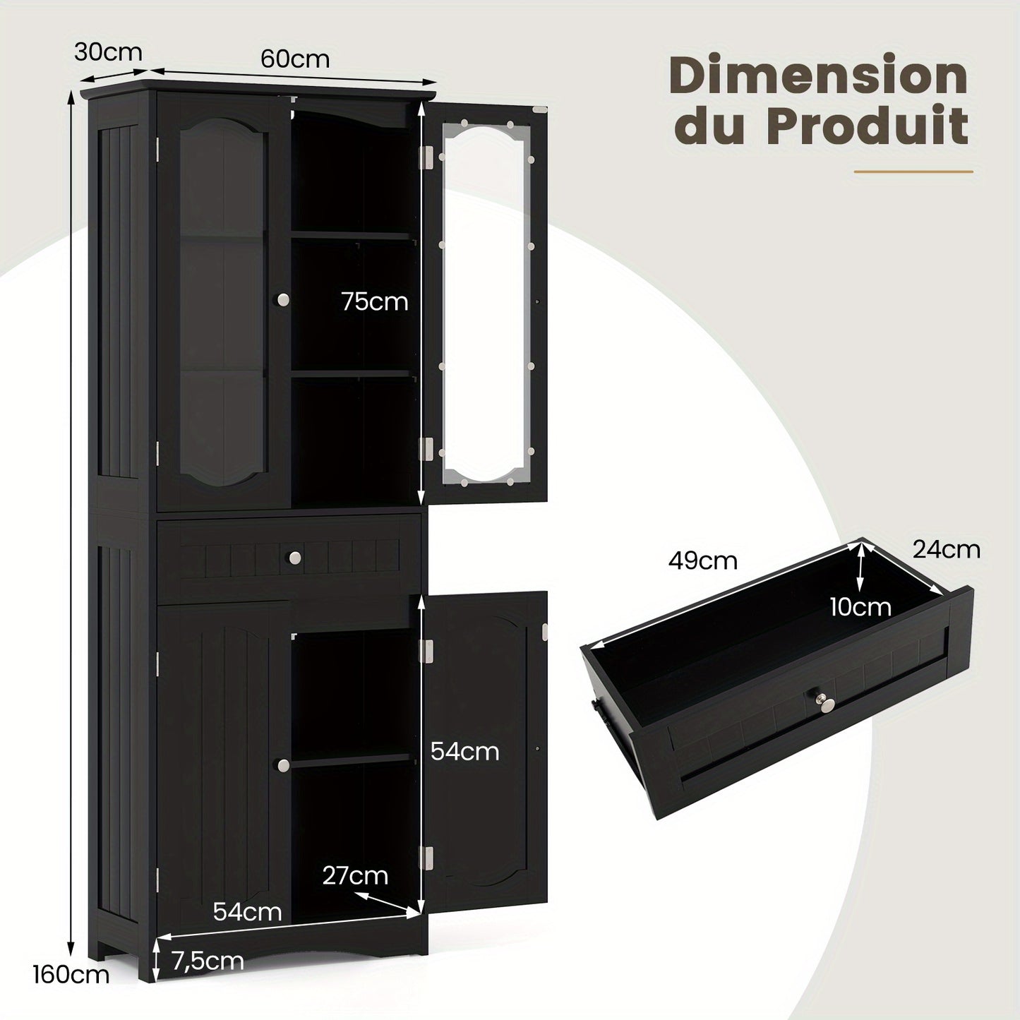 Hoge Opbergkast – Badkamerkast – Linnenkast – Keukenkast – Voorraadkast – Zwart MDF Met Veiligheidsglas – 160 cm Hoog – Anti-Kantelveiligheid