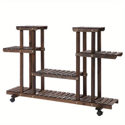 Plantentafel – Plantenrek – Bloemenstandaard – Plantenhouder – Plantenschap – Massief Verkoold Hout – 4 Lagen, 123,5 x 33 x 80 cm