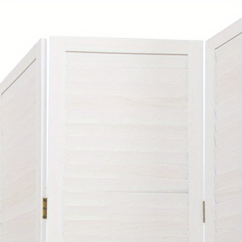 5-Panel White Paulownia Wood Room Screen - Elegant Privacy Divider for Bedrooms, Living Rooms, Offices with Vertical Striped Design and Golden Accents