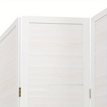 5-Panel White Paulownia Wood Room Screen - Elegant Privacy Divider for Bedrooms, Living Rooms, Offices with Vertical Striped Design and Golden Accents