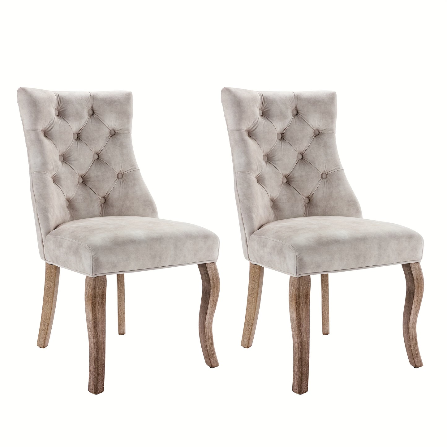 Eetstoel – Eetkamerstoel – Kuipstoel – Stoel – Stoeltjes – Lichtbeige Fluwelen Bekleding – Hoge Rugleuning Met Knoopstiksels – Massief Houten Frame – Set Van 2