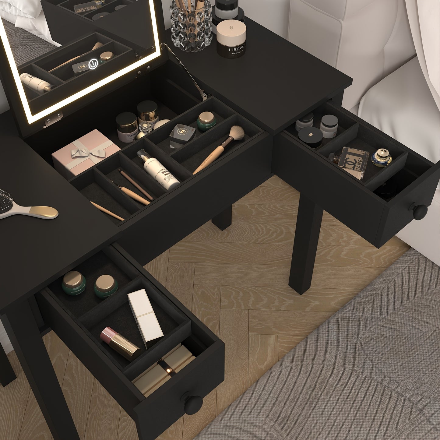 Make-up tafel – Kaptafel – Schminktafel – Vanity – Make-up bureau – Zwart hout – Ingebouwde Spiegel – Met lades