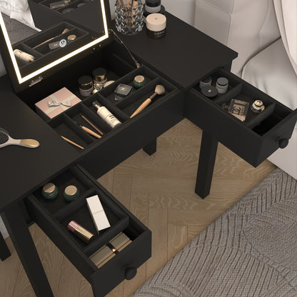 Make-up tafel – Kaptafel – Schminktafel – Vanity – Make-up bureau – Zwart hout – Ingebouwde Spiegel – Met lades