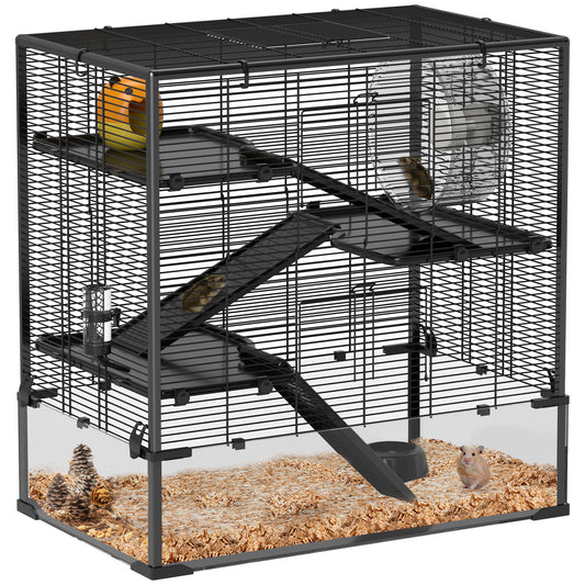 Dwerg Hamsterkooi – Hamsterkooi – knaagdierkooi – kleine huisdierenkooi – speelgoedkooi – Zwart – Gehard Glas Bodem – 4 Niveaus Met Looprad