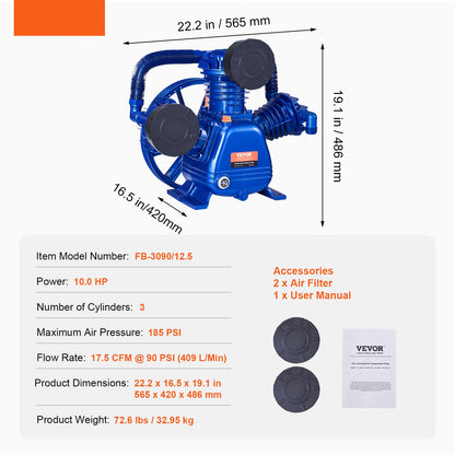 Aircompressor – Luchtcompressor – Bandenpomp – Zuigerpomp – Compressor Pompkop – 10HP 3-Cilinder – 17,5 CFM Bij 90 PSI