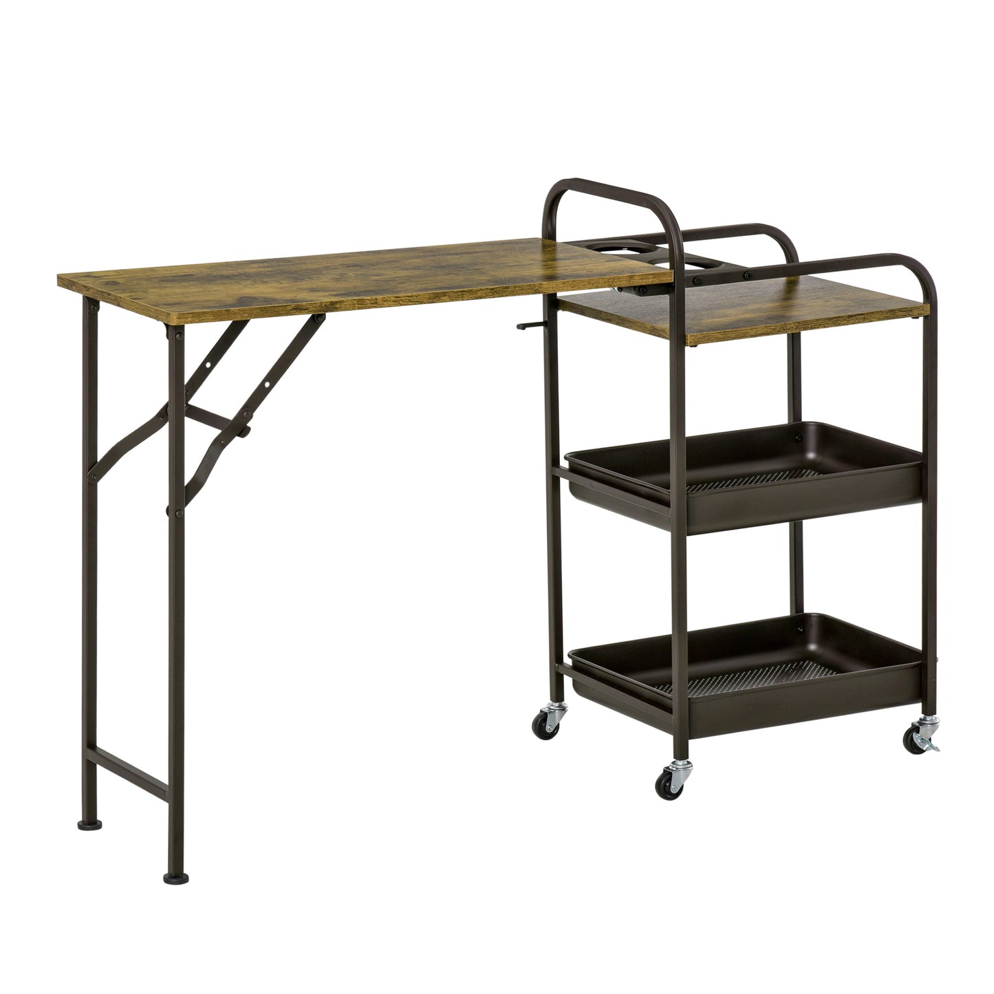 Keukentrolley – Keukenwagen – Serveerwagen – Keukenkast – Keukenrek – Opvouwbaar Werkblad – Verstelbare Pootjes – E1 Spaanplaat Metaal – Rustiek Bruin – 118x36,5x82 cm