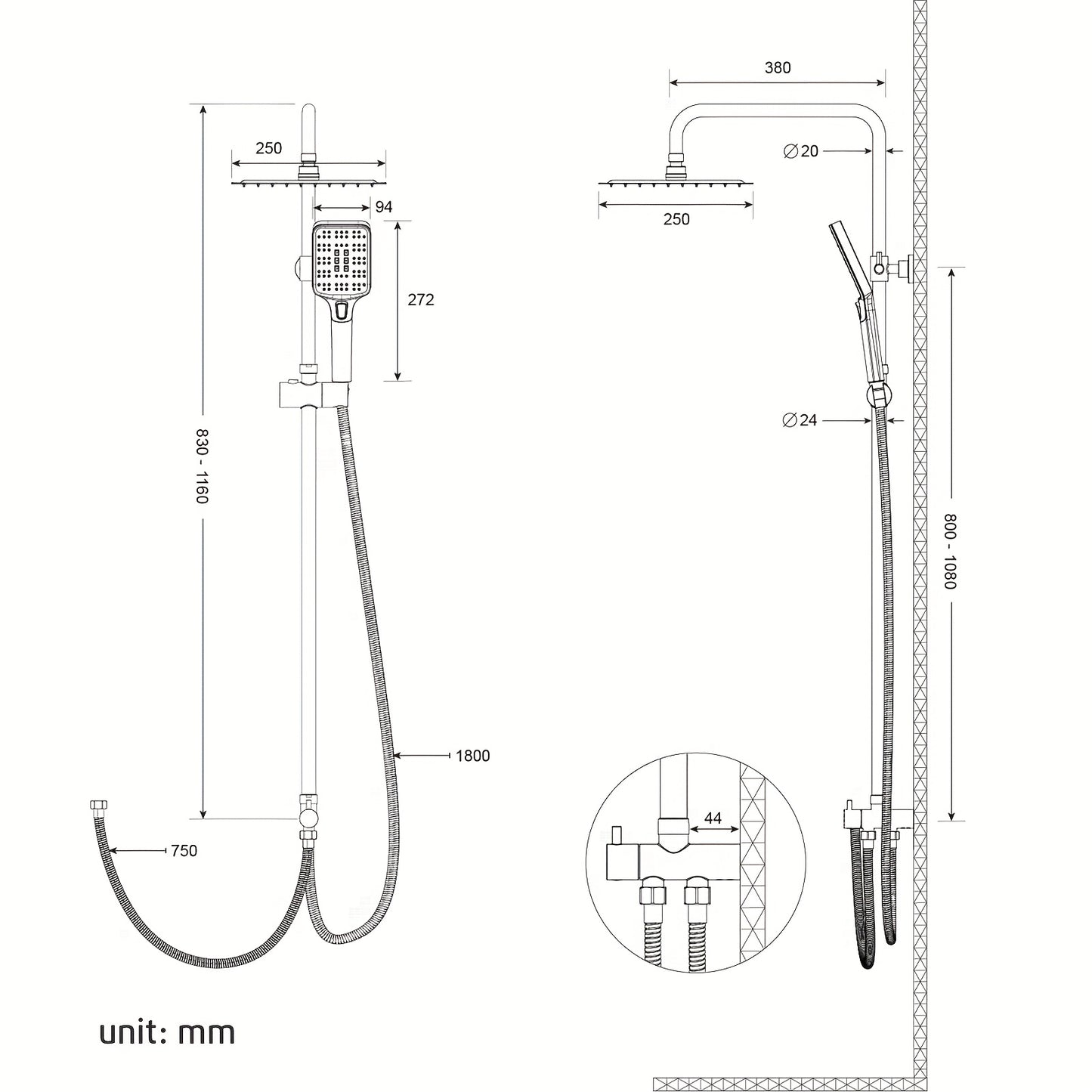Regendouche – Doucheset – Douchekop – Douchekraan – Douche – Vierkante Hoofddouche 25,4x25,4 cm – Roestvrijstaal Met Verstelbare Chroom Wandbeugel
