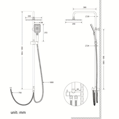Regendouche – Doucheset – Douchekop – Douchekraan – Douche – Vierkante Hoofddouche 25,4x25,4 cm – Roestvrijstaal Met Verstelbare Chroom Wandbeugel