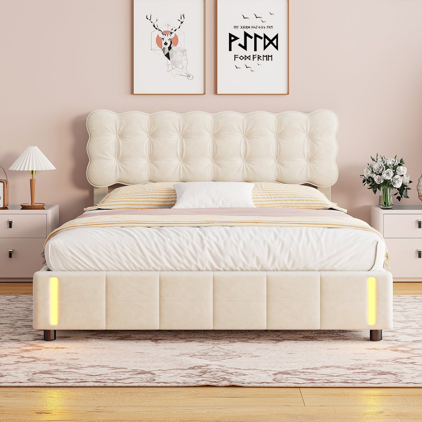 Gestoffeerd Bed – Opbergbed – Tweepersoonsbed – Bedframe – Hydraulisch Opbergbed – 140x200 cm – Fluweel Beige – Met Opbergruimte Onder Bed