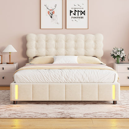 Gestoffeerd Bed – Opbergbed – Tweepersoonsbed – Bedframe – Hydraulisch Opbergbed – 140x200 cm – Fluweel Beige – Met Opbergruimte Onder Bed