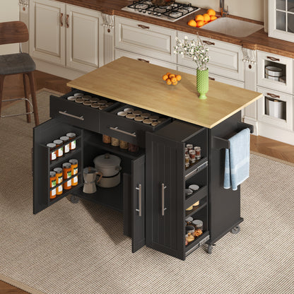 Expandable/Retractable Kitchen Island with Folding Leaf Extension & Storage Cart - Heavy-Duty Mobile Cart with 3-Tier Pull-Out Cabinet, Internal Shelving, 2 Drawers & Towel Rail - Space-Saving Suitable for Dining Areas, Assem